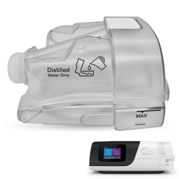 Airsense 11 CPAP pictured with applicable water chamber